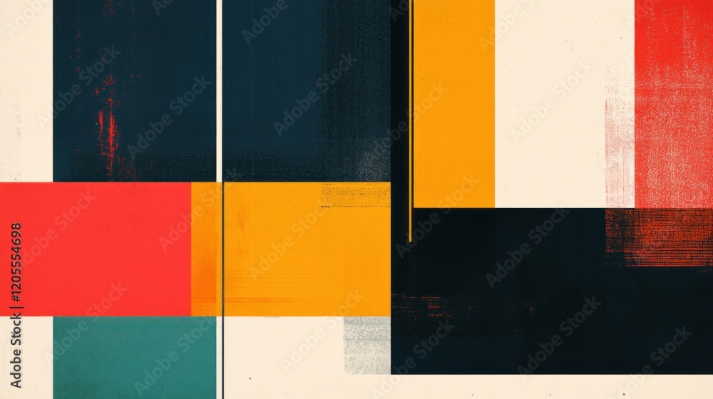 Poster minimal geometric composition with parallel lines and squares in bold colors like blue, red, yellow 