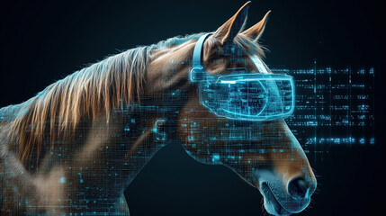 horse wearing augmented reality glasses with digital data overlay