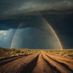 A rare desert rainstorm with dark clouds and a double rainbow.