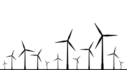 Silhouette wind turbines isolated on white background