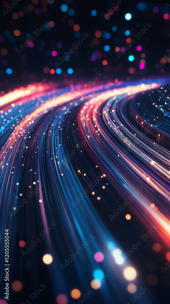 Aufkleber Fiber optic cables creating curved lines of light with colorful bokeh effect on dark background, ideal for technology and communication concepts