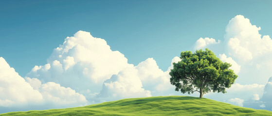 Evergreen tree on hilltop under blue sky nature landscape view