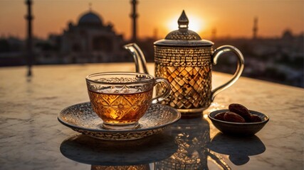 cup of tea with aview of the sunset near the place of worship