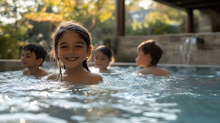 Three happy children enjoy a refreshing dip in a backyard hot tub on a sunny day. Pure summer joy! Green Energy Joyful Kids Splashing in a geothermal spa Hot Tub
