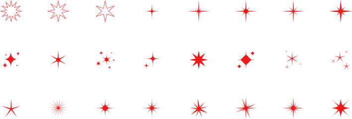 Forms of retro stars. Sunburst design elements. Red beams firework. Best for price tag, sale sticker, quality mark. Flat vector illustration