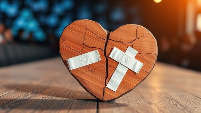 Cracked Heart Healing Bandages Recovery Symbol AI Photo,  Empty Space for Text,  High-Quality Image - Powered by Adobe