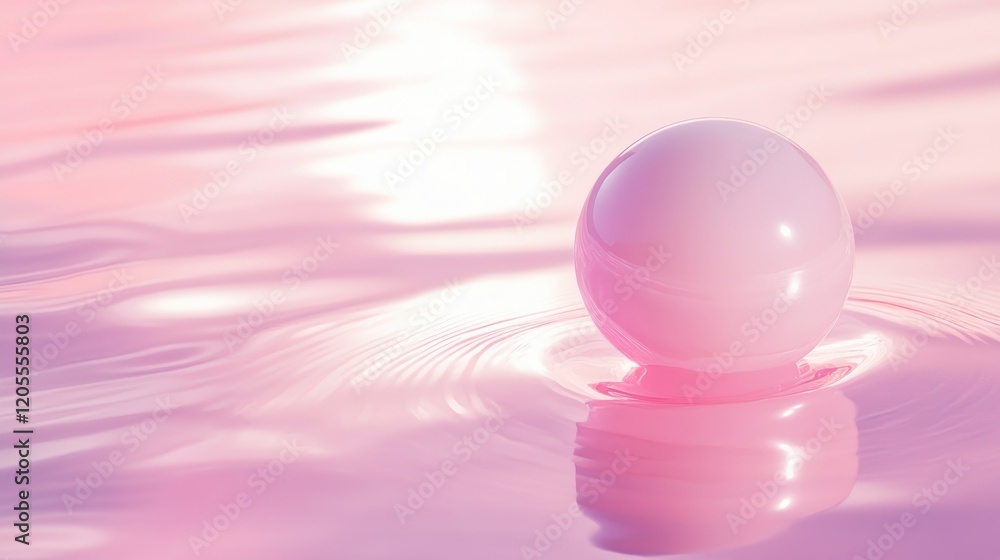 Poster pink sphere floating on a pink liquid minimalist background with a single spherical object