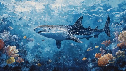 Fototapeta premium Majestic Whale Shark Swimming in Vibrant Coral Reef Landscape