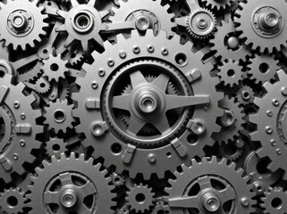 Gears and cogs wheels, industrial background. Artwork digital illustration. From above technical texture of steampunk gears on metal dark brown background. Gears of the mechanism. Wallpaper design