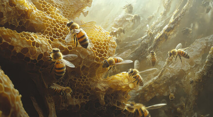 Numerous bees buzz around a rich honeycomb structure, collecting nectar and working together to sustain their colony in a sunlit environment.