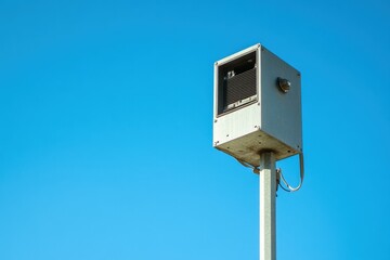 Outdoor emergency alarm siren installed on a pole urban location safety equipment clear sky elevated viewpoint alert concept for community awareness