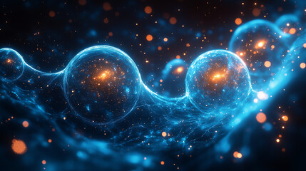 Naklejka premium A rhythmic arrangement of glowing spheres with bright highlights reflected in a deep blue space. 