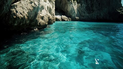 Crystal clear turquoise water laps against rocky cliffs in a seaside cave entrance