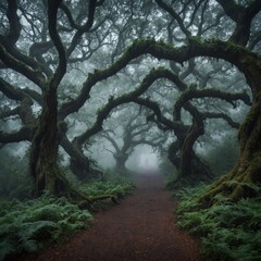 "A misty forest trail winding through ancient oaks, their twisted branches creating a canopy overhead, and a blurred background adding depth."