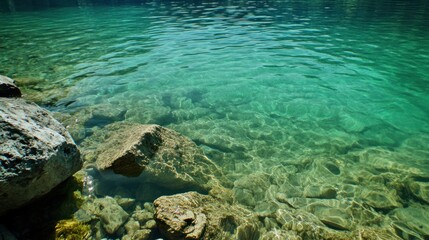 Crystal clear turquoise water surface with rocks in the foreground and smooth ripples