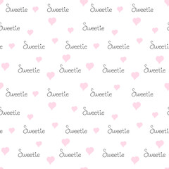 Seamless romantic pattern with elegant black script and soft pink hearts on a white background. Minimalist and charming design is ideal for Valentine s Day projects, greeting cards, wrapping paper