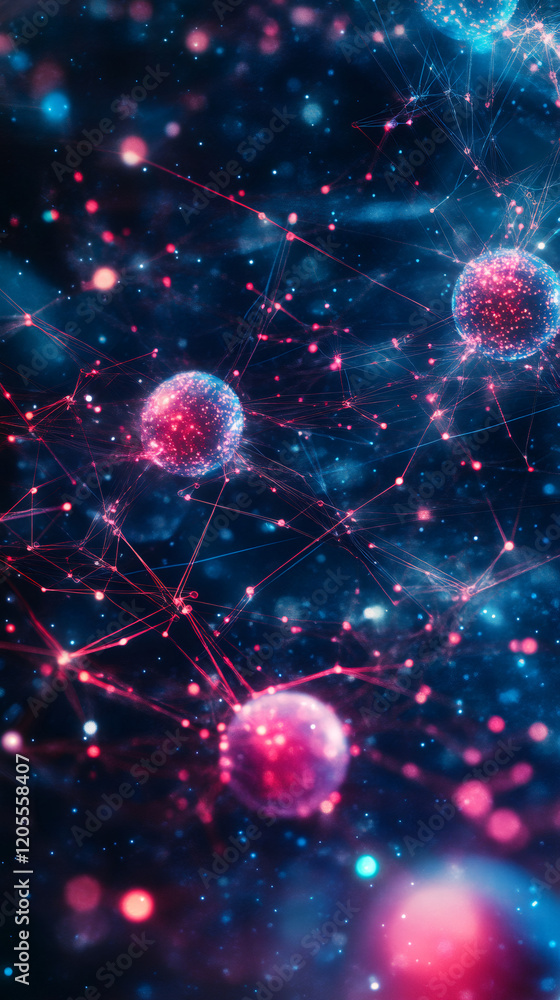 Poster glowing quantum network spheres interconnecting, visualizing advanced digital data exchange and comp