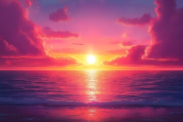Fototapeta premium Dreamlike Vibrant Sunset Over Calm Ocean Waters Representing Serenity And Nature’s Beauty