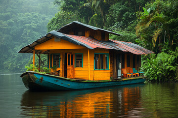 Vibrant Yellow Houseboat Docked in Lush Green Rainforest