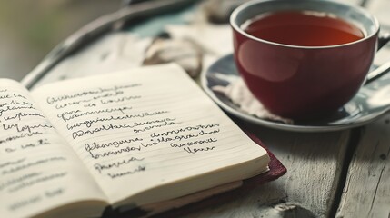 A close-up of a journal open to a gratitude list, with a cup of tea nearby.