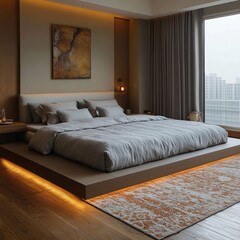 Modern bedroom, platform bed, city view.