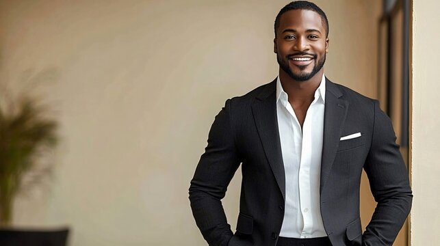 A confident, stylish man in a tailored black suit stands against a soft beige background. Ideal for professional promotions, fashion ads, and corporate events.