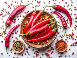Fresh Chili Peppers & Pink Peppercorns Flat Lay