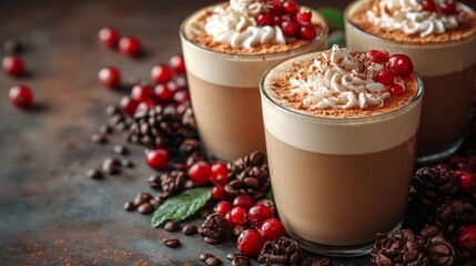 Cups of coffee with cranberries on a rustic table