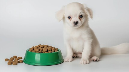 Cute White Puppy with Green Food Bowl on White Background