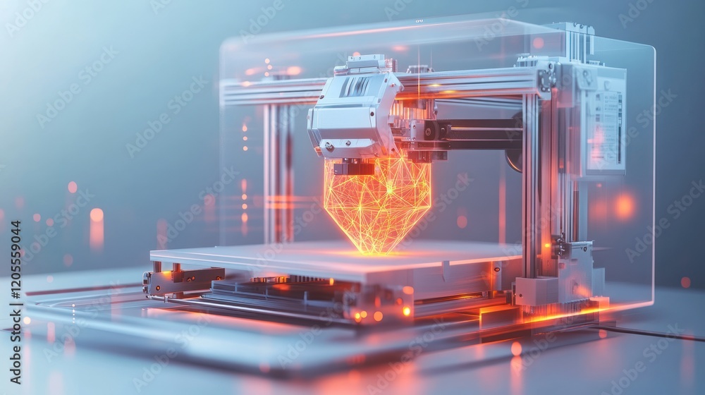 Poster 3d printer creating a glowing geometric object.