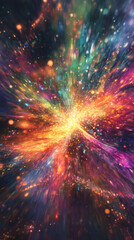 Fototapeta premium Luminous particles bursting outward, generating radiant energy pattern with vibrant color gradient against dark backdrop