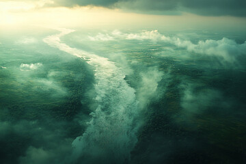 Aerial View Of A River Flowing Through A Misty Green Landscape