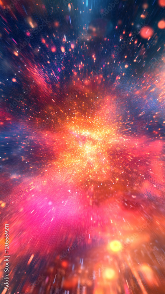 Poster Vibrant cosmic explosion generating swirling nebula with luminous particles, representing astronomical phenomena and interstellar dynamics