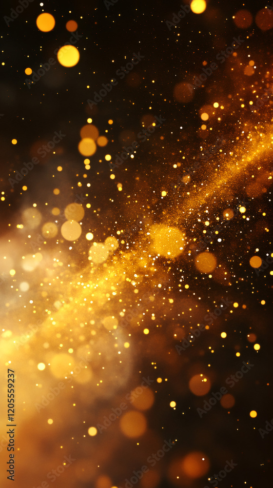 Poster Abstract golden particles and bokeh lights creating a magical and festive atmosphere on a dark background