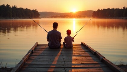 Father and son fishing on a lake at sunset