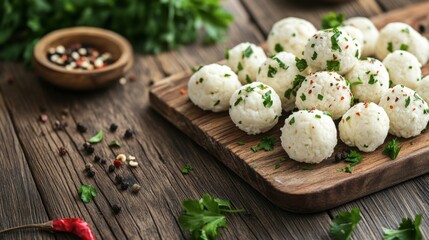 Fresh Homemade Rice Balls with Herbs and Spices on Wooden Board
