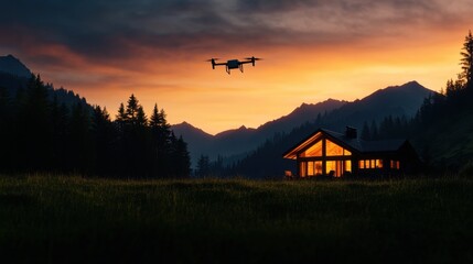 A breathtaking sunset view of a modern cabin in the mountains, with a drone flying above amidst vibrant colors and tranquil nature.