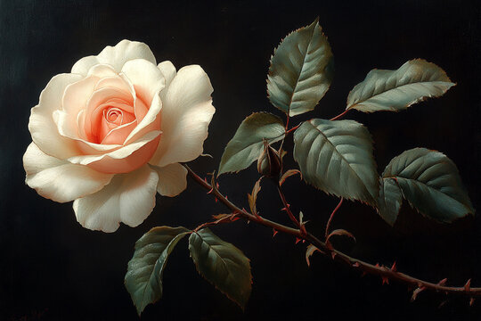 A Single Pale Rose Blooms Darkly Against a Black Background