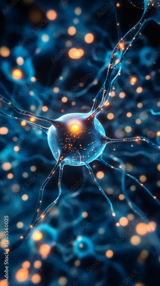 Leinwandbilder glowing neuron transmitting electrical signals through branching neural network, synaptic connection