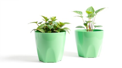 Obraz premium Green Plastic Flower Pots for Indoor Plants - High Resolution Studio Shot