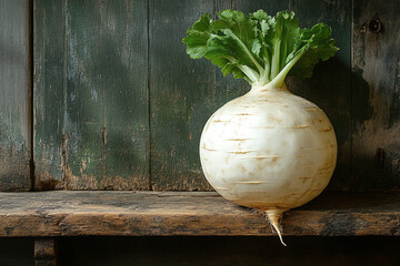 Single White Turnip Rests On Rustic Wooden Shelf