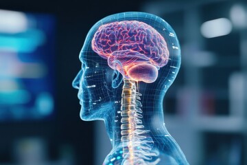 An innovative 3D rendering of the human brain highlighting neural pathways and spinal cord, showcasing the intricate structure of the nervous system.
