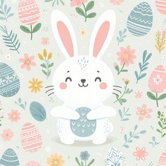 Funny Easter bunny with spring flowers and eggs. Flat illustration. Congratulations