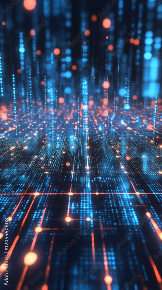 Fototapete Flowing and glowing data streams create a vibrant display in cyberspace, illuminated by dynamic orange and blue lights