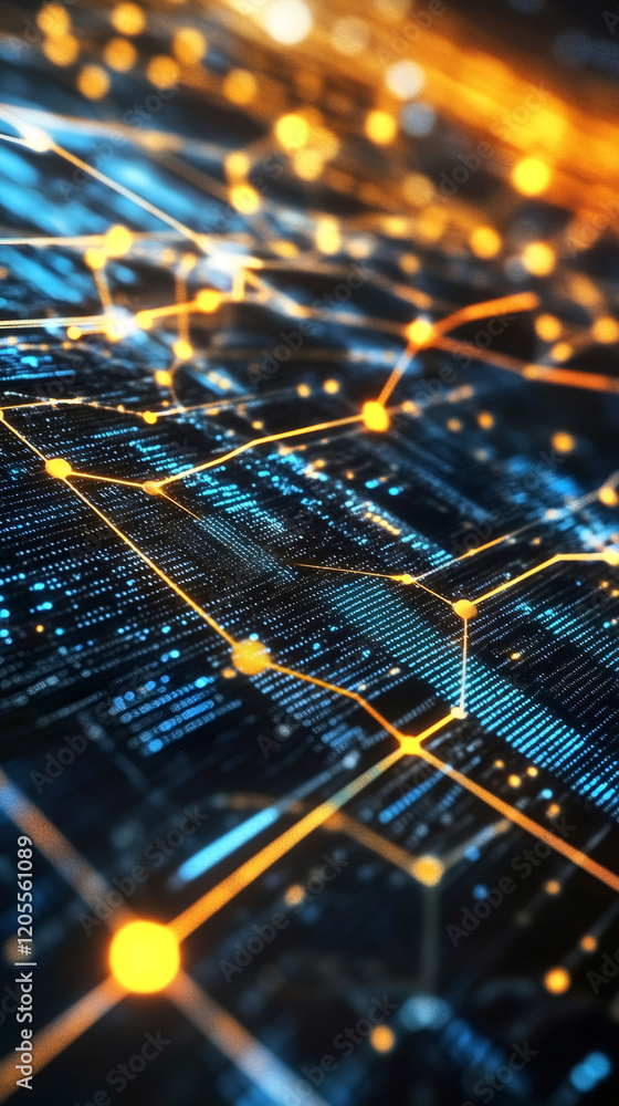 Poster digital motherboard showcasing glowing orange network lines interconnecting data nodes amid blue bin