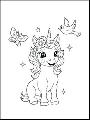 Illustration of a cute baby unicorn cartoon character. Black and white Printable Unicorn coloring page for kids.