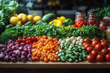 Assorted fresh vegetables arranged on a wooden board