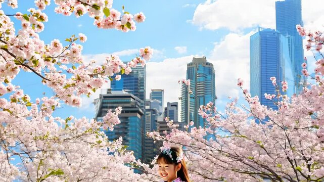 Happy and cheerful girl afro american black walking down the street against the backdrop of a big city in spring with blooming sakura branches in spring. Hipster girl posing outdoors with sunlight bac