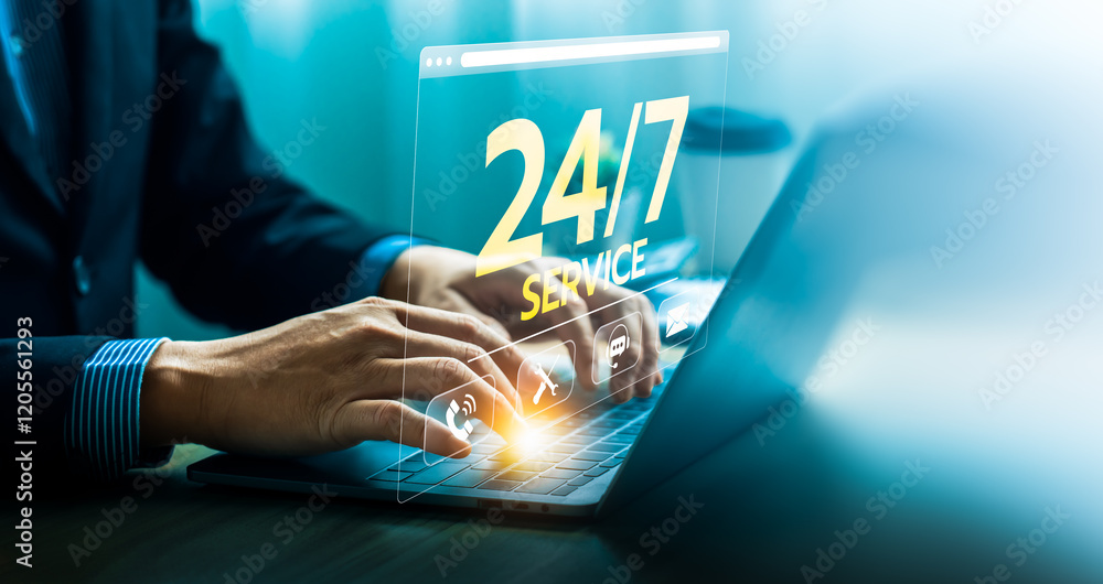 Poster hands typing on laptop with 24/7 service icon displayed, representing customer support, technical as