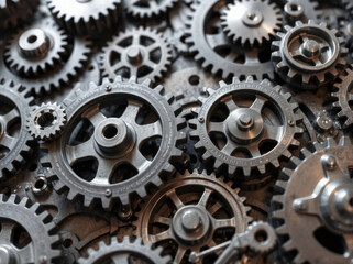 Gears and cogs wheels, industrial background. Artwork digital illustration. From above technical texture of steampunk gears on metal dark brown background. Gears of the mechanism. Wallpaper design